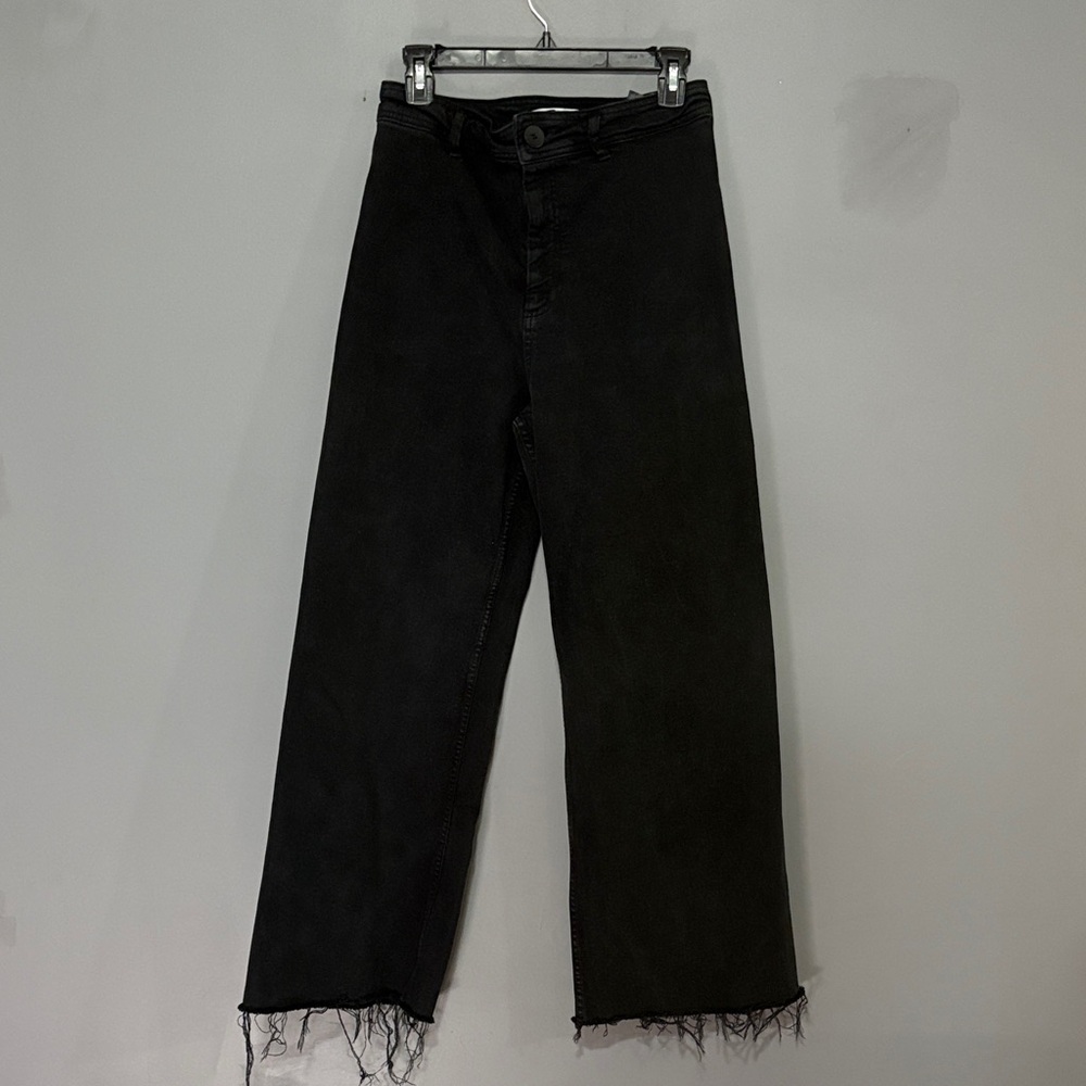Zara Black Frayed Hem Wide Leg Jeans